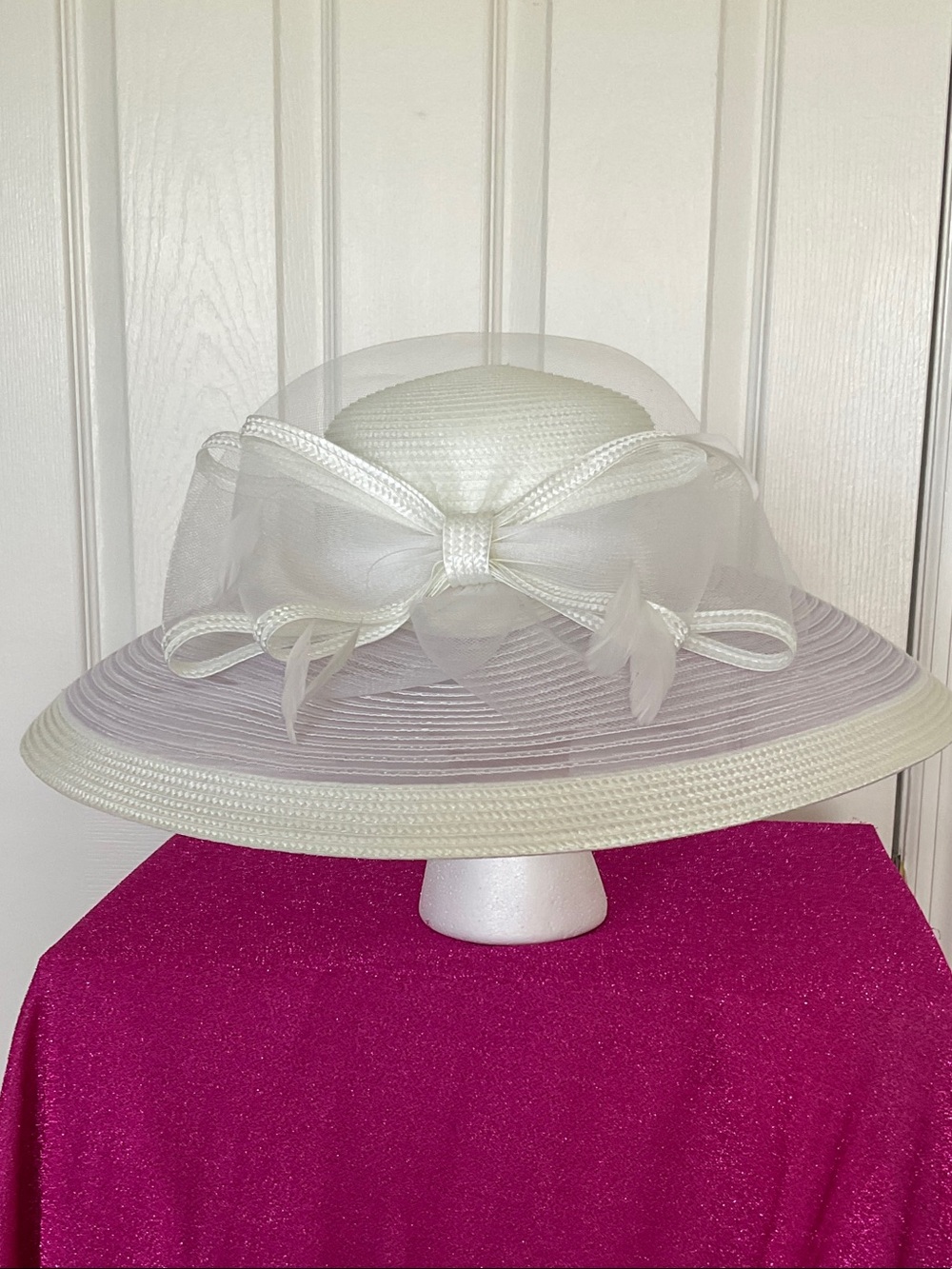 August Hats White Wide-Brim Dress Hat with Organza Bow